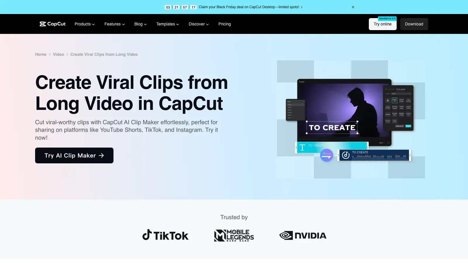 CapCut page for creating viral clips from long videos with its AI Clip Maker