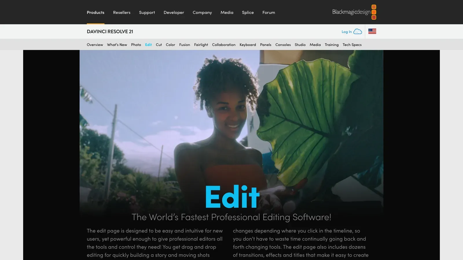 DaVinci Resolve 21 Edit page on the Blackmagic Design website
