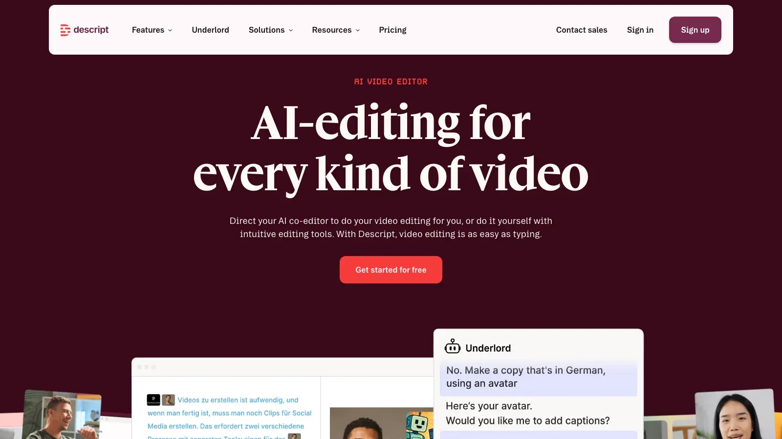 Descript homepage showing its Underlord AI co-editor and transcript-based editing