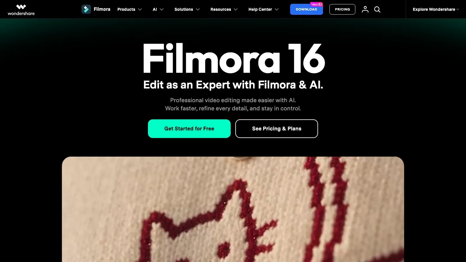 Wondershare Filmora 16 homepage