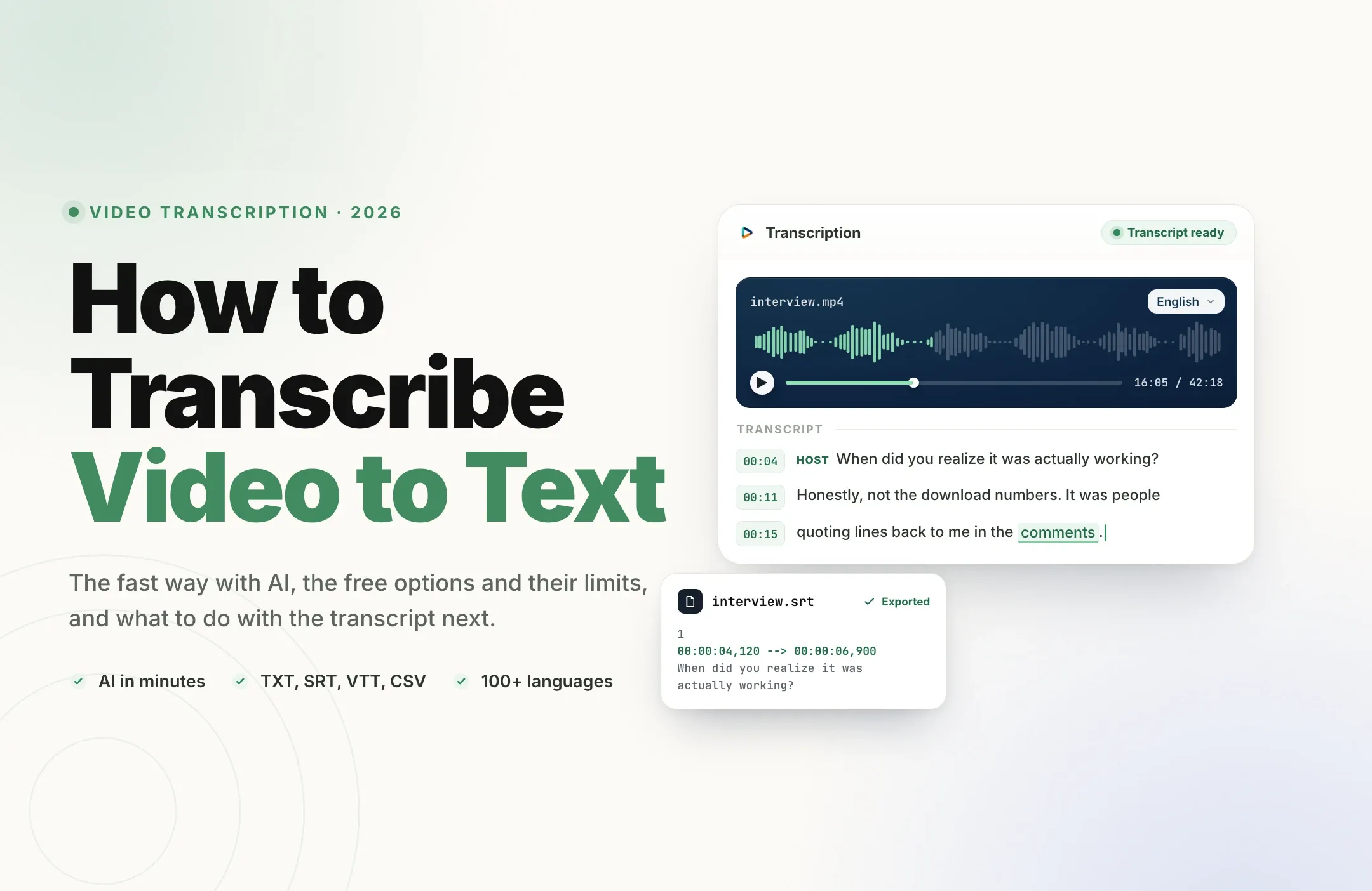Transcribe video to text: a timestamped transcript of interview.mp4 beside TXT, SRT, VTT, and CSV export options in Reap.