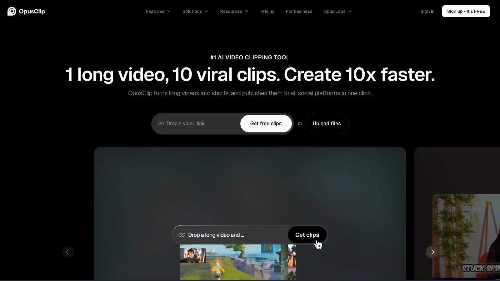 OpusClip homepage: one long video, ten viral clips