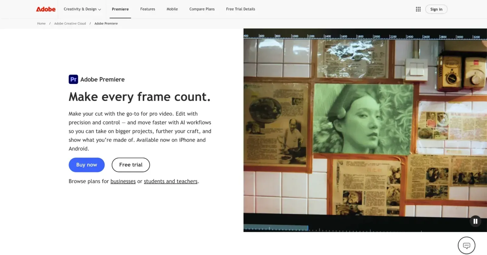 Adobe Premiere Pro product page on the Adobe website