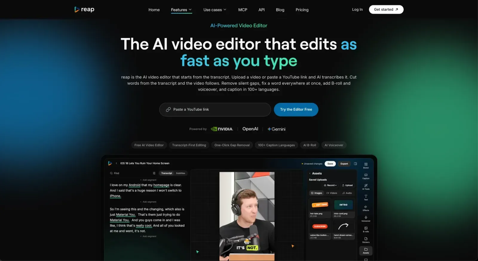Reap AI video editor with transcript editing on the left, a captioned vertical video in the center and an assets panel of saved overlays such as an intro card and subscribe button on the right