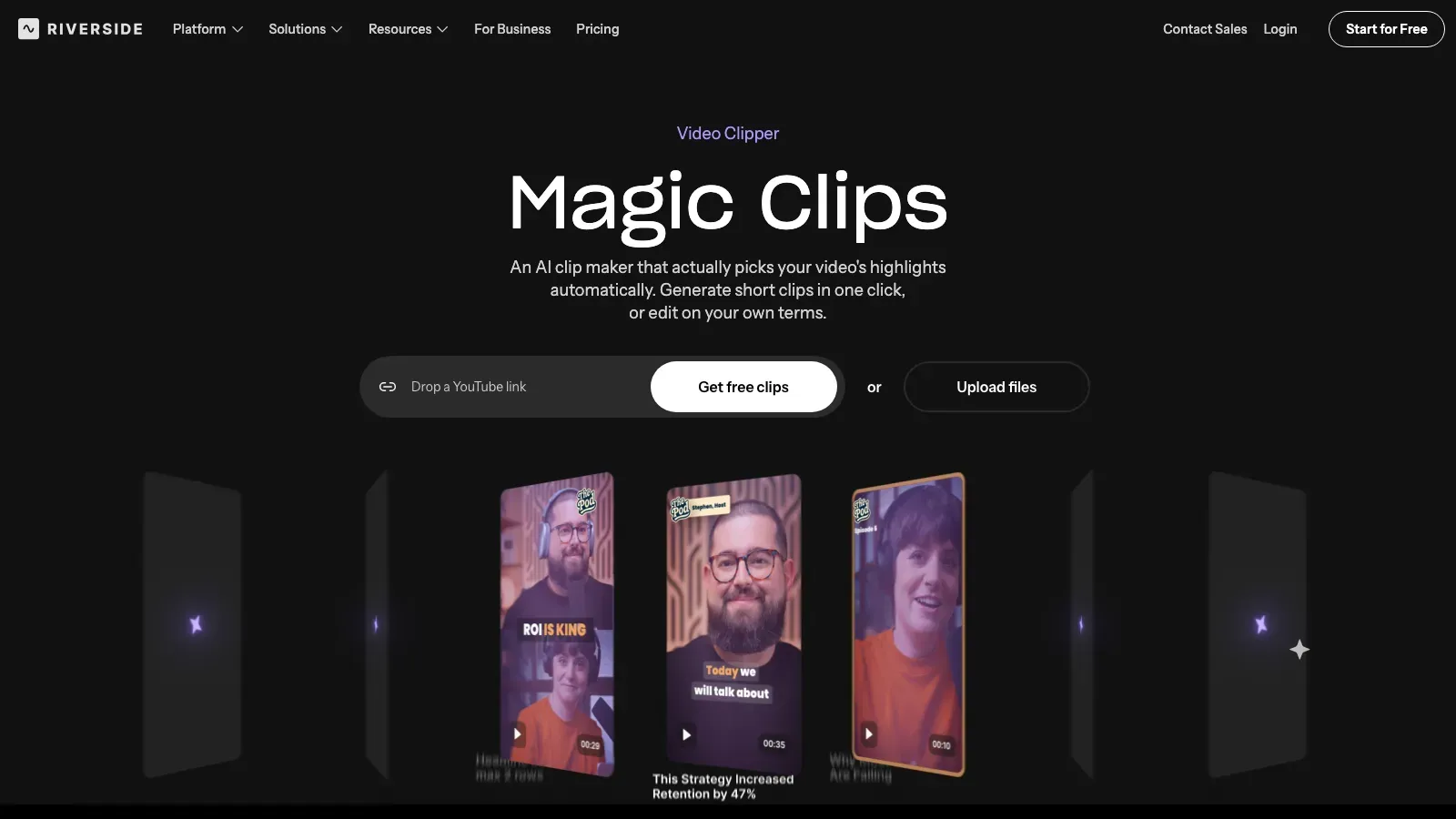 Riverside Magic Clips page showing AI-selected short clips from a podcast