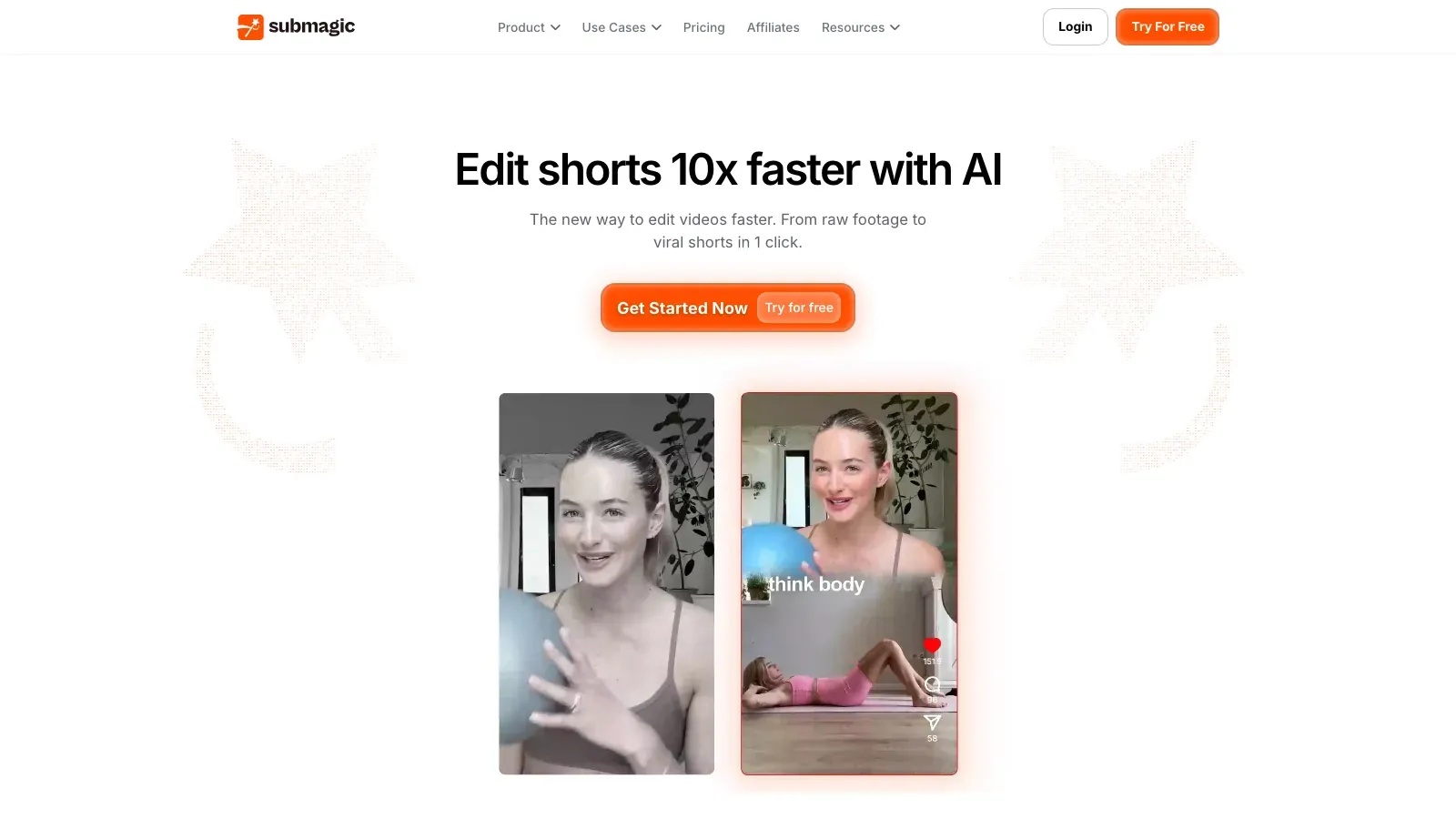 Submagic homepage showing captioned vertical short-form videos