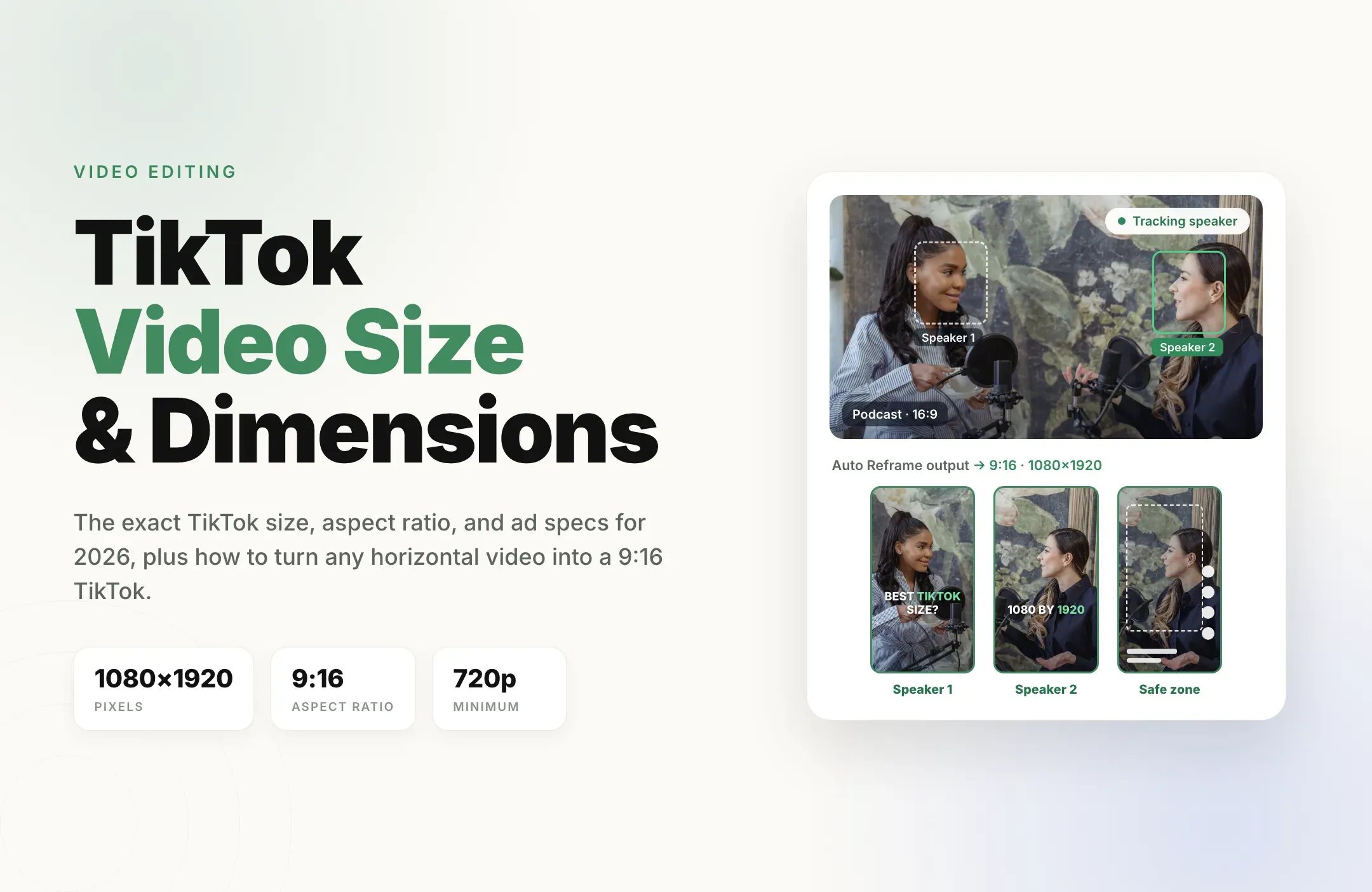 TikTok video size and dimensions: a 16:9 podcast reframed into speaker-tracked 9:16 clips at 1080 x 1920, plus a TikTok safe zone frame.