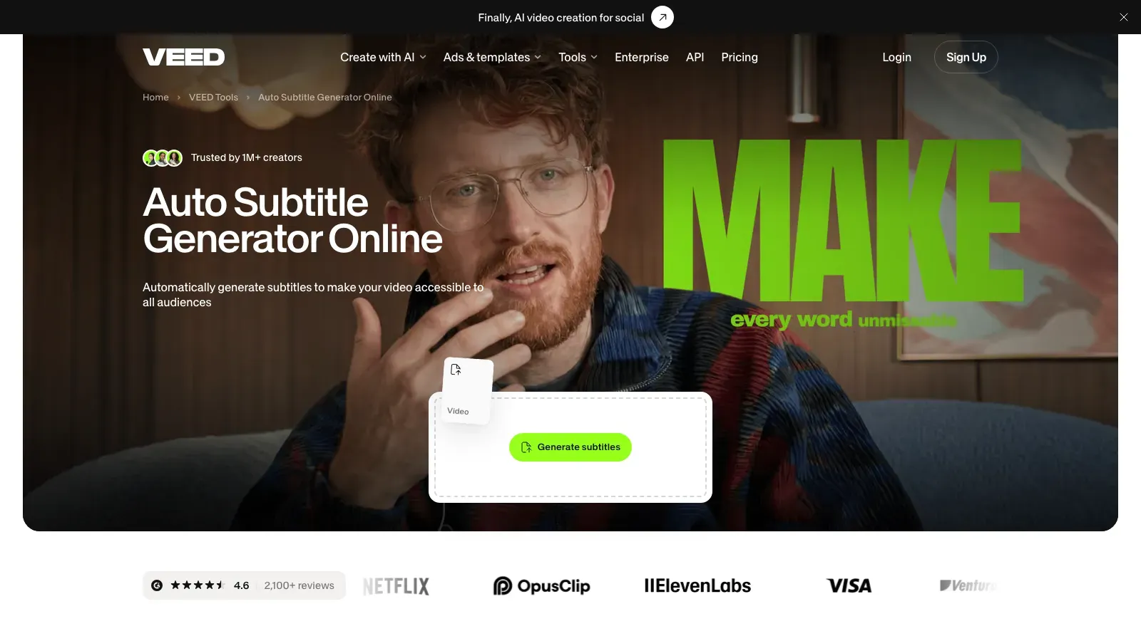 VEED auto subtitle generator page