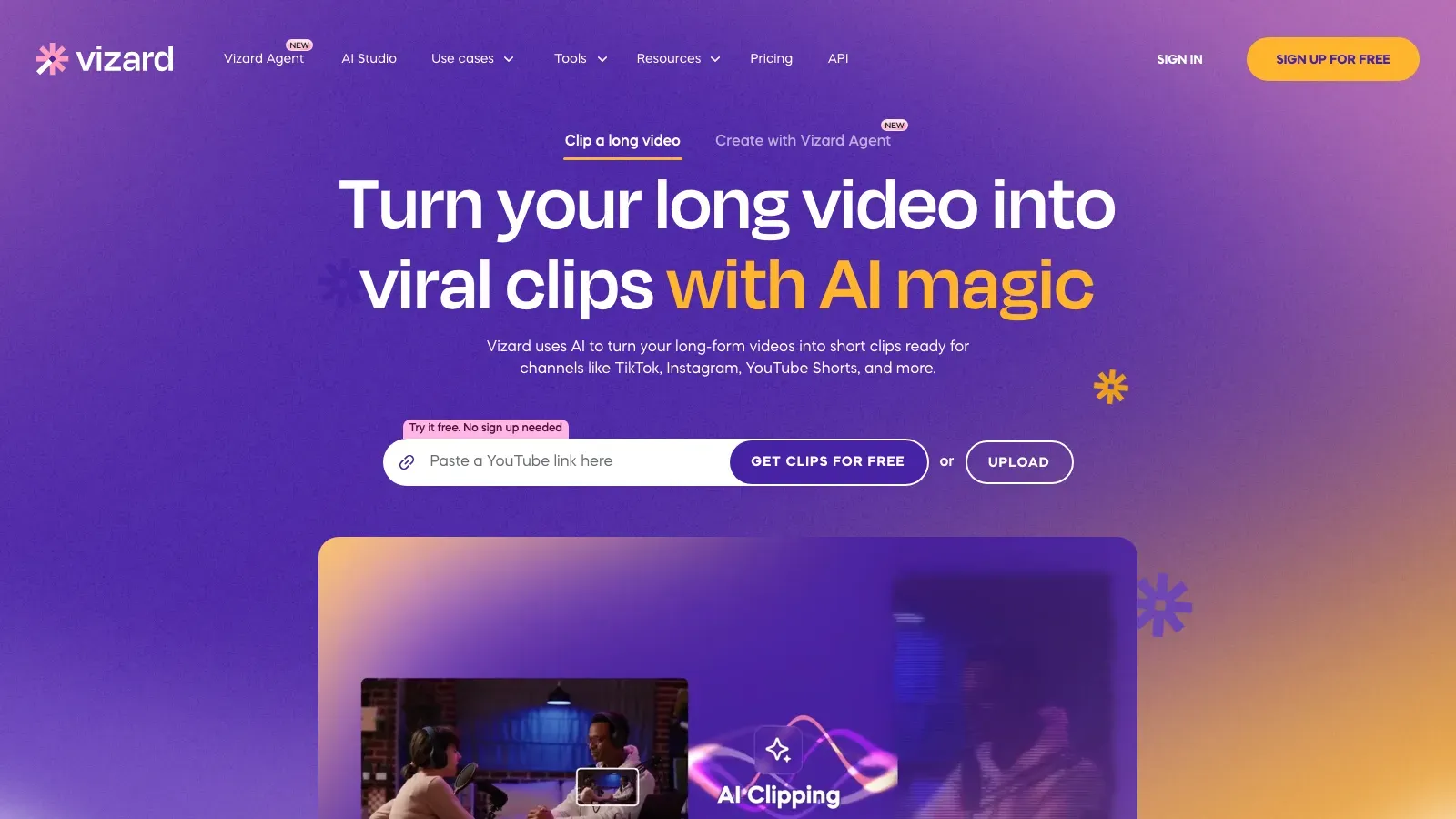 Vizard homepage for turning long videos into short clips with AI